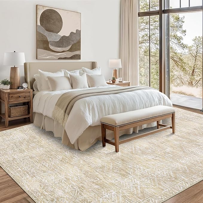 COZYLOOM 4x6 Rug Machine Washable Foldable Printed Area Rug Modern Distressed with Non Slip Design Stain Resistant Non Shedding Pet Friendly Carpet Perfect for Home Decor, Faux Wool, Beige