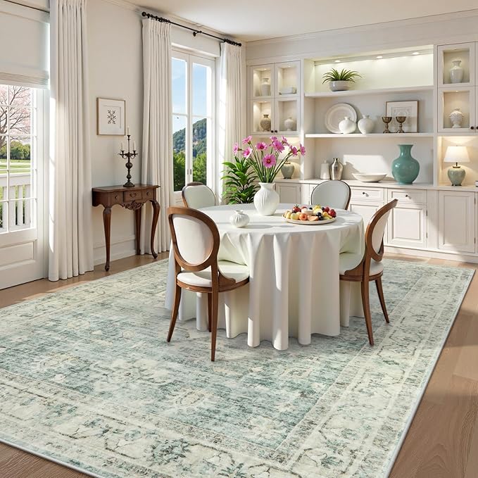 LIVEBOX Washable Area Rug 10x14 Rugs for Living Room Bedroom, Non-Slip Boho Indoor Carpet for Dining Room Office, Low-Pile Farmhouse Soft Carpets for Kids Nursery Playroom, Sage Green