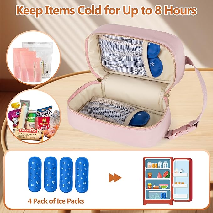 Damero Breastmilk Cooler Bag with 4 Ice Packs -Breastmilk Cooler Travel Bag Organizer with Detachable Buckle Handle for Daycare and Breastfeeding Mom,Pink