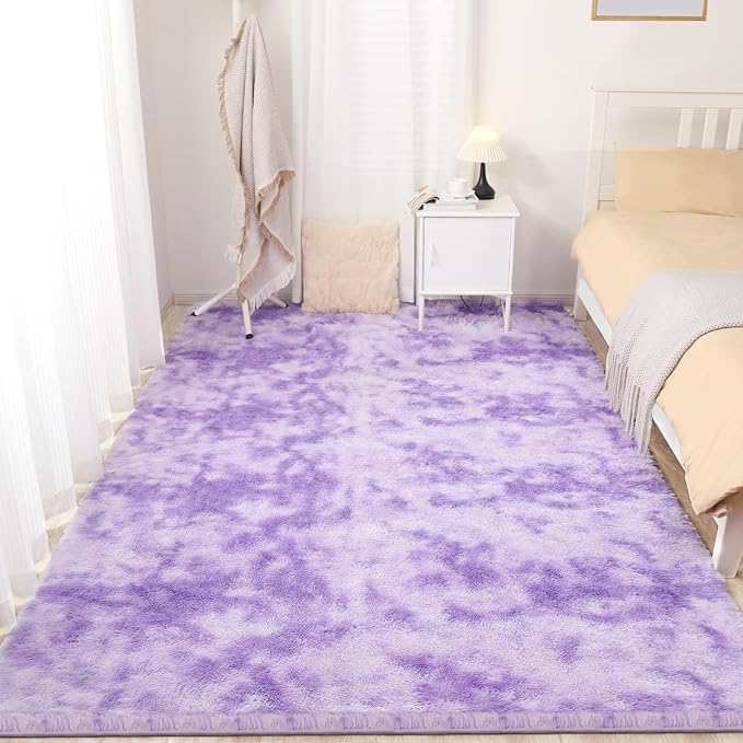 Area Rugs 9x12, Fluffy Rugs for Living Room, Ultra Soft Rugs for Bedroom, Non-Slip Indoor Carpet for Nursery, Kids Room, Playroom, Home Decor, Tie-Dyed Purple