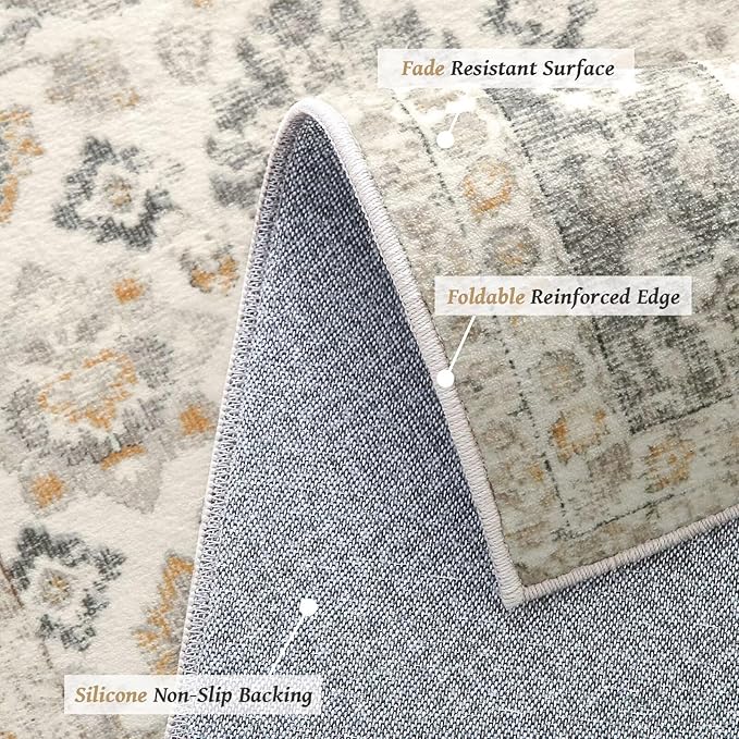 Washable 6x9 Area Rugs for Living Room, Boho Non-Slip Silicone Backing Large Rugs for Bedroom Dining Room Nursery Office, 0.3" Neutral Oriental Throw Carpet with 0.16" Cushioning Pad, Grey/Multi