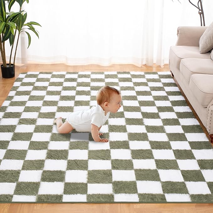 Super Soft Rug for Bedroom, 6x9 Ft Green and White Area Rug Classic Checkered Shaggy Anti-Skid High Pile Soft Fluffy Rug Fuzzy Carpet for Living Room Bedroom Kids Room Nursery, Dorm Home Decor