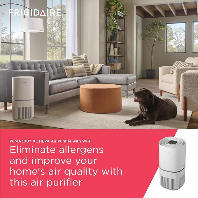 Frigidaire PureA300 XL HEPA Air Purifier with Wi-Fi for Large Rooms, Covers up to 1,685 Sq. Ft., 3-Stage Filtration, Energy Star Certification, Air Quality Monitoring, Smart Mode, Ultra Quiet, White