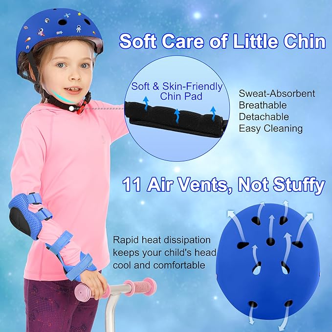 Kids Bike Helmet with DIY Stickers and Knee Pads Elbow Pads Wrist Guard Set for Ages 3-8-14 Toddler Boys Girls Helmet for Roller Skates Cycling Skateboarding Bicycle Scooter