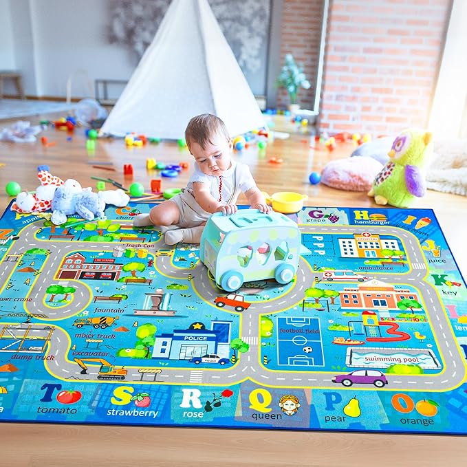 Chicrug 4x6 Car Road Area Rug for Kids Playroom Bedroom, Non Slip Low Pile Washable ABC Alphabet Carpet for Classroom, City Track Play Mat for Toddler Children Nursery Baby Room Decor, Blue