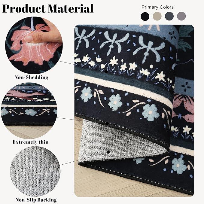 Runner Rug for Kitchen Rug Non Slip 2'6"x8' Washable Rugs with Rubber Backing Soft Vintage Floral Botanical Carpet Runner for Kitchen, Laundry, Bedroom, Bathroom, Black