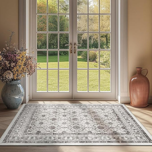 jinchan Floral 3x5 Area Rugs for Entryway - Beige Vintage Distressed Design Doormat Non-Slip Ultra-Thin Low Pile Boho Rug for Kitchen Living Room Bedroom Farmhouse (3‘x5',Beige)