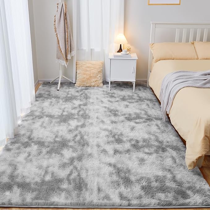 6x9 Area Rugs for Living Room, Fluffy Shaggy Bedroom Rug Indoor Carpet, Anti-Skid Soft High Pile Rug for Nursery, Kids Room, Bedside, Home Decoration, Tie-Dyed Light Grey
