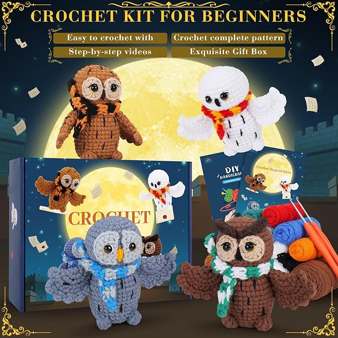 Crochet Kit for Beginners - 4 PCS Owl Crochet Kit with Step-by-Step Video Tutorials, Beginner Crochet Kits for Adults, Crochet Animal Kit for Kids, Crochet Magical Owls Set (White&Brown&Gray&Coffee)