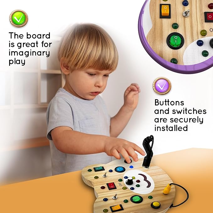 Toddler Montessori Busy Board - Wooden Educational Toy with Lights, Switches, and Buttons - Sensory Board - Preschool Motor Skills Learning Activities - Christmas & Birthday Gift