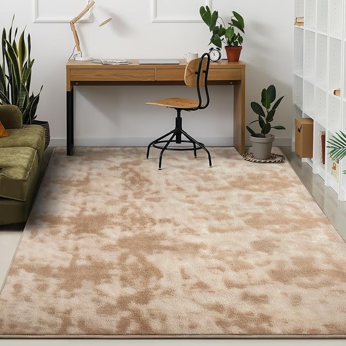Kimicole 6x9 Washable Area Rugs for Living Room Bedroom, Large Low Pile Ulta-Thin Solid Color Rug, Non-Slip Soft Fluffy Carpet for Nursery Kids Room Dorm Room Home Decor (Light Tan)