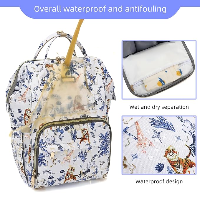Diaper Bag Backpack, Diaper Bags for Baby Girls Boys, Baby Bags for Moms Dads, Nappy Changing Bag with Insulated Pockets,Multi-functional Waterproof Backpack with Stroller straps-Animal World White