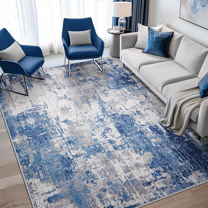 Washable Area Rugs 5'x7' Non-Slip Modern Abstract Soft for Living Room Entryway Bedroom Nursery, Print Pattern, Blue Grey Navy Gray