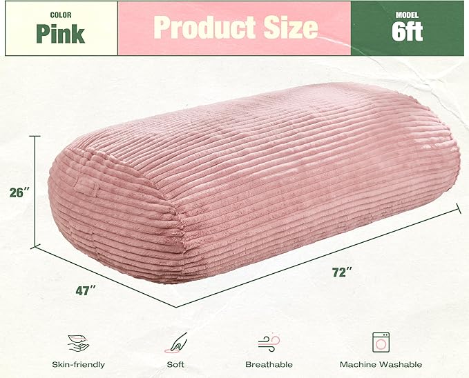Hobestluk 6FT Bean Bag Chairs Adult Bean Bag with Portable Handle Comfy Large Bean Bag Lounge Chair with Removable Cover for Living Room Bedroom (Stripe Pink, 6FT)