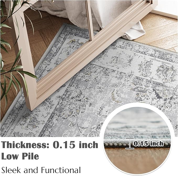 jinchan Hallway Runner Rug 2x10 Machine Washable Runner Rug Grey Vintage Floral Design Non-Slip Ultra-Thin for Kitchen Laundry Room Bedroom Farmhouse (2‘x10',Grey)