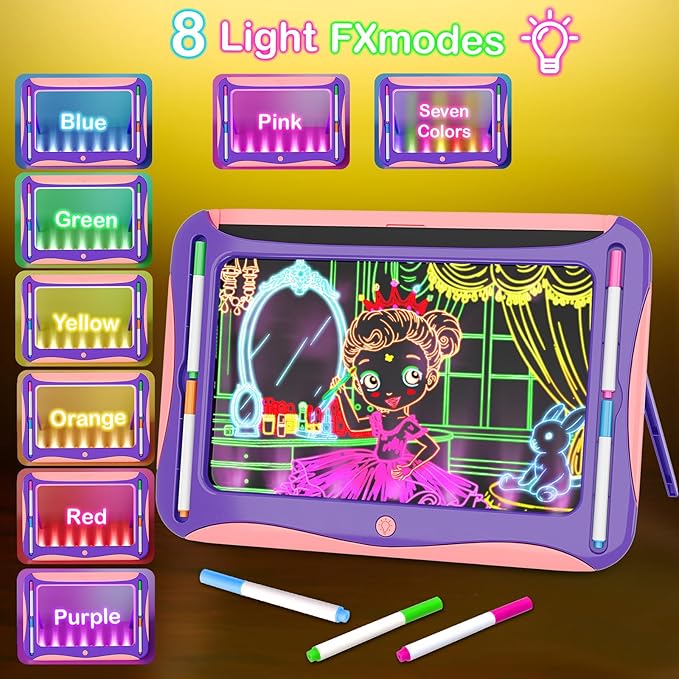 Magic LED Drawing Board for Kids, Girls Toys Age 6-8, Light Up Tracing Pad with 9 Double-Sided Cards, 6 Washable Markers, Arts & Crafts Kits Learning Toy Glow Up Doodle Board Christmas Birthday Gifts