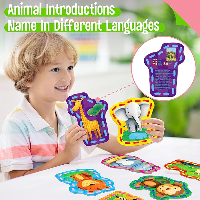 9 PCS Kids Lacing Cards, 9 Double Sided Wild Animals Sewing Cards with 9 Colorful Laces, Educational & Learning Toys for Preschoolers, Kids Ages 3+