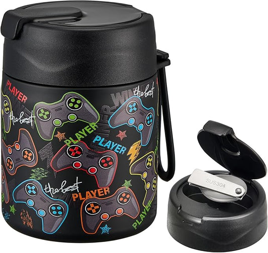 17oz Soup Thermo for Hot Food Kids,Insulated Food Jar with Spoon,Thermo Hot Food Lunch Container,Wide Mouth Leakproof Stainless Steel Lunch Box for School-Black Game