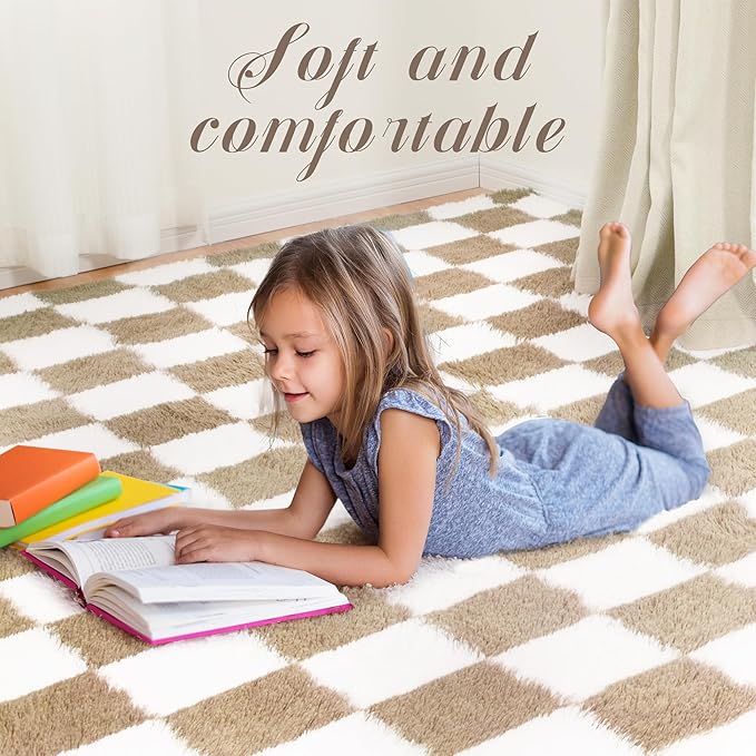 Super Soft Rug for Bedroom, 4x6 Ft Beige and White Area Rug Classic Checkered Shaggy Anti-Skid High Pile Soft Fluffy Rug Fuzzy Carpet for Living Room Bedroom Kids Room Nursery, Dorm Home Decor