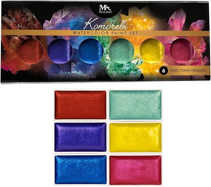 MozArt Supplies Professional Watercolor Paint Set - 6 Jewel Vibrant Colors – Light Weight and Portable Travel Watercolor Set – Perfect for Artists, Students, Kids and Hobbyist