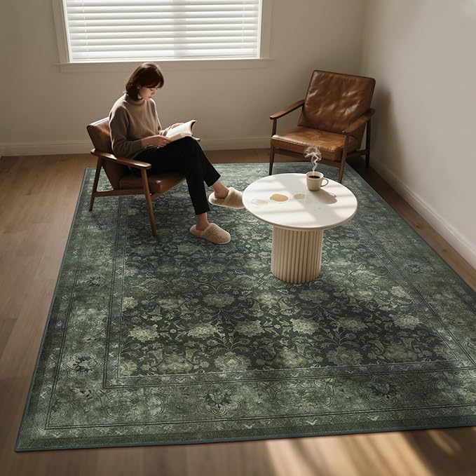 Large 8x10 Washable Area Rug for Living Room, Non Slip Vintage Traditional Rugs for Bedroom, Indoor Thin Accent Floral Nursery Carpet for Dining Room, Farmhouse (Distressed Green)