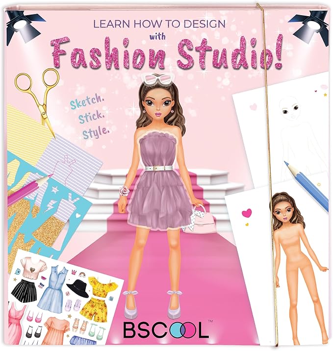 BSCOOL Fashion Studio Drawing, Coloring & Little Designer Creativity Book for Kids 4 and Up with Stickers, Stencils, Textures - Creative Fashion Design Sketchbook for Girls