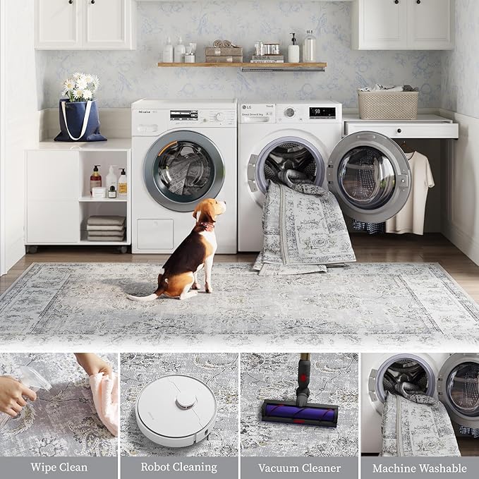 jinchan Runner Rug 2x7 Machine Washable Hallway Rug Grey Vintage Floral Print Non-Slip Low Pile Ultra-Thin for Kitchen,Entryway,Laundry Room,Bedroom,Farmhouse (2‘x7’,Grey)