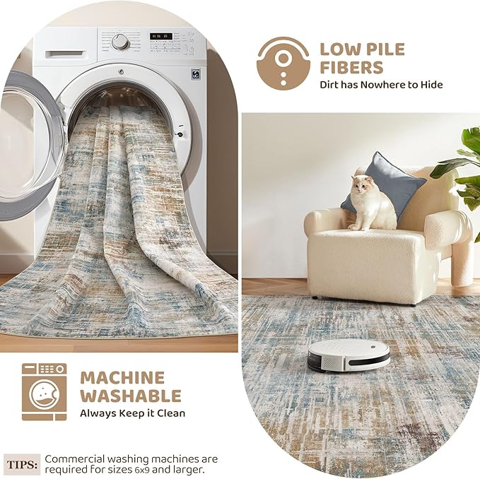 Area Rug for Living Room: 8x10 Washable Neutral Abstract Modern Soft Rugs Non Slip Indoor Floor Stain Resistant Large Carpet for Bedroom Dining Room Office Nursery - Blue Brown