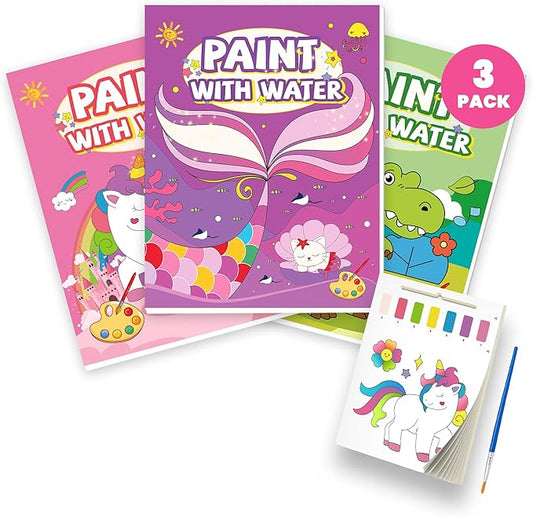 3PCS Paint With Water Books for Kids 20 Page Each,Unicorn Mermaid & Dinosaur Watercolor Paint Book Set for Kid,Toddlers Color Coloring Painting Drawing Set,Mess Free Toys Gifts for Kid Age 3 4 5 6 7 8