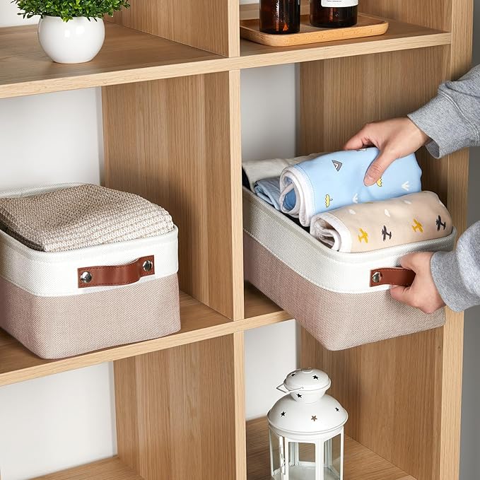 DULLEMELO Collapsible Fabric Storage Bins - Set of 2, 11.8x7.9x5.1 Inch, White & Khaki
