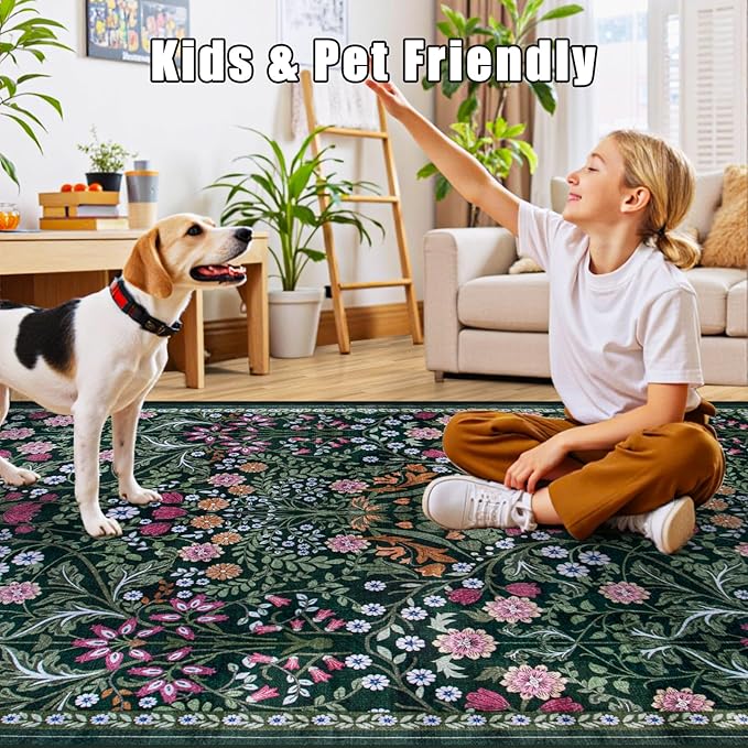 Entryway Rug 2X3 Small Rugs: Floral Washable Door Mat Vintage Soft Low Pile Non-Slip Kitchen Rugs Stain Resistant Indoor Throw Rug for Entrance, Bedroom, Kitchen, Laundry, Bathroom Dark Green