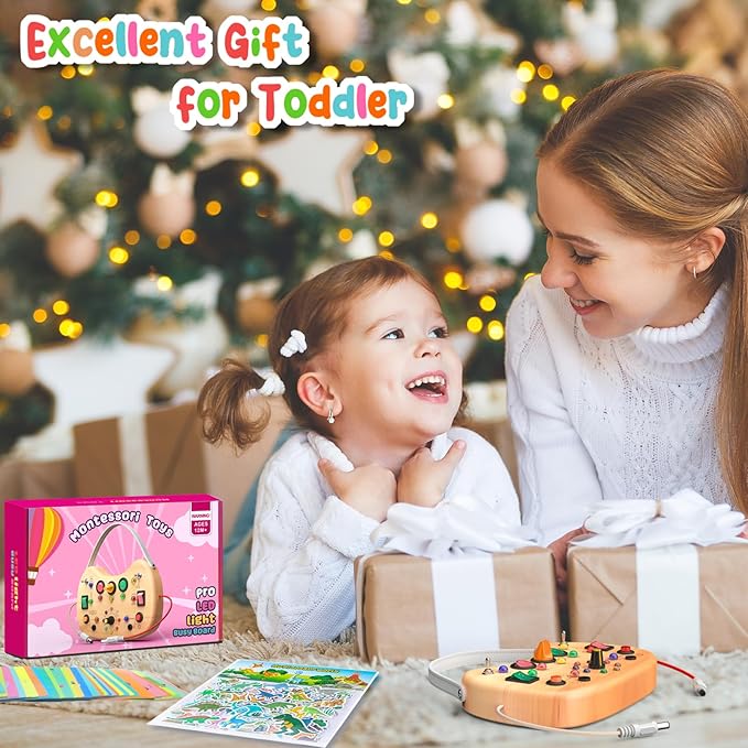 Montessori Toddler Busy Board, Wooden Busy Board with 17 LED Lights Switch, Travel Toys for Toddlers 1-3 Years,Toddler Sensory Boards, Toys for 1 Year Old Girls