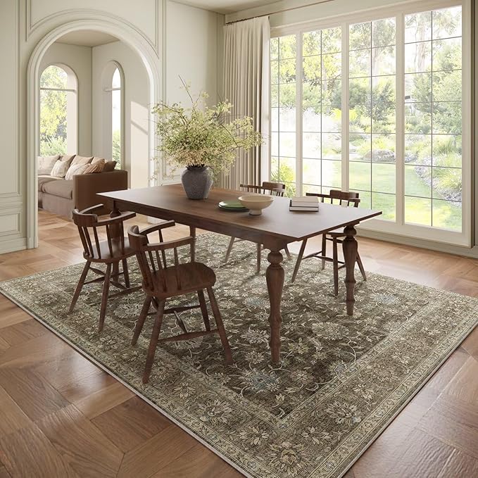 Washable 6x9 Area Rugs for Living Room, Boho Non-Slip Silicone Backing Large Rugs for Bedroom Dining Room Nursery Office, 0.3" Neutral Oriental Throw Carpet with 0.16" Cushioning Pad, Flaxen/Multi