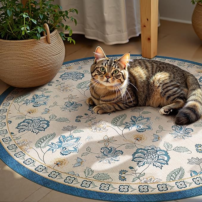 jinchan 6ft Floral Round Rug for Dining Room Washable Living Room Rug Vintage Romance Design Non Slip Indoor Floor Cover Lightweight Low-Profile Throw Carpet for Bedroom Porch Patio, Blue/Beige