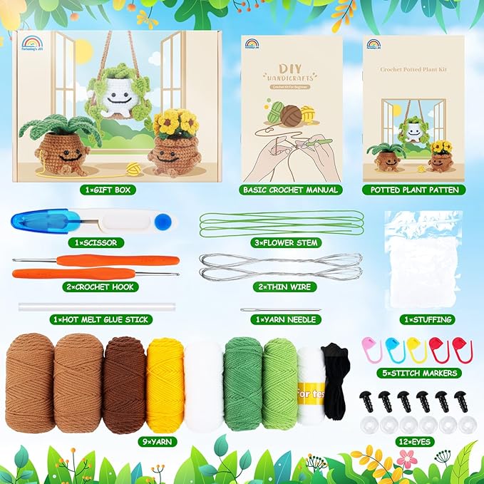 Crochet Kit for Beginners - 3 PCS Potted Plants Crochet Kit with Step-by-Step Video Tutorials, Beginner Crochet Kits for Adults Kids, Potted Plant with Swing Crocheting Set