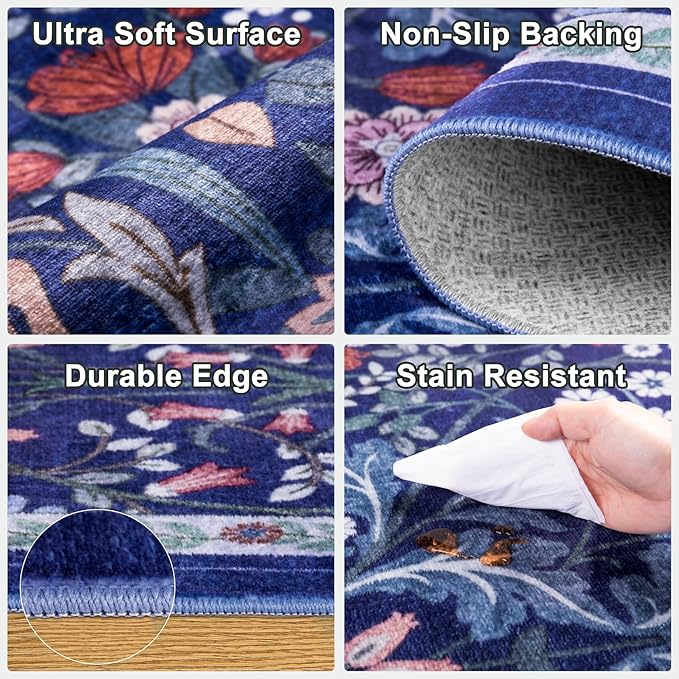 Runner Rug for Entryway: 2.6x8 Kitchen Rugs Non Slip Washable Ultra-Thin Soft Floral Carpet Indoor Floor Stain Resistant Carpets for Hallway Bedroom Kitchen Laundry Bathroom Dorm Blue
