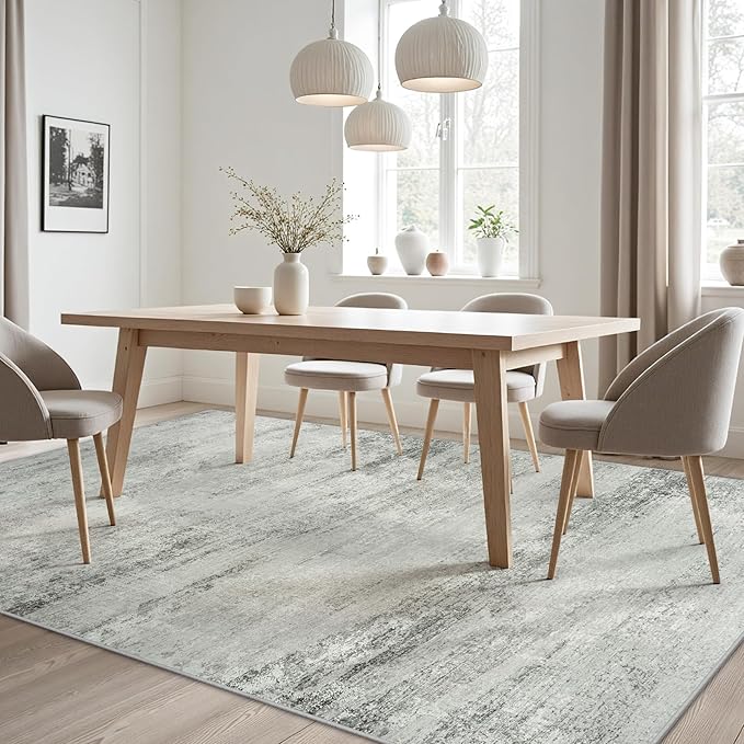 Area Rug 9x12 Washable Rugs: Abstract Large Living Room Rugs with Non-Slip Backing, Thin Carpet for Dining Room Table Bedroom Nursery Indoor Home Office-Gray