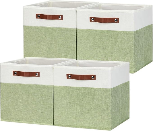 HNZIGE Fabric Storage Cubes for Shelves Set of 4 ,Storage Cubes Baskets 12 x12, Decorative Storage Bins Basket with Handles, Green Baskets for Organizing Home Nursery(Green White)