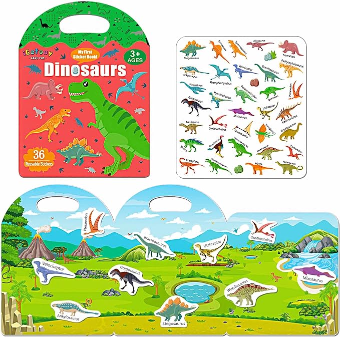 Reusable Sticker Book for Toddlers, Sticker Books for Toddlers 2-4 Years, Airplane Travel Essential for Kids, Stickers for Kids 2 3 4 5 6 Year Old Girls Boys (Dinosaurs)