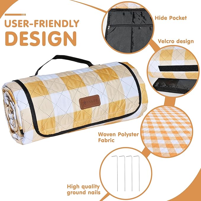 HX&OD Outdoor Picnic Blanket, Extra Large, 80''x80'' Waterproof Foldable Blankets Gingham Picnic Mat for Beach, Camping Grass Lawn Park Accessories Cute Couple Ideas Wedding (Yellow, 80”x80”)