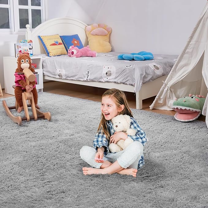 Ultra Soft Rug for Living Room, 5X8 Fluffy Shag Area Rug for Bedroom, Modern Shaggy Carpet Fuzzy Rug for Teens Dorm Nursery Home Decor Aesthetic, Upgrade Anti-Skid Durable, Light Grey