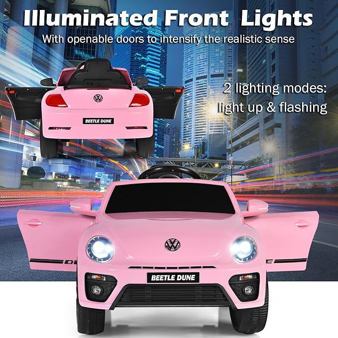 Costzon Ride on Car, 12V Licensed Volkswagen Beetle Battery Powered Vehicle w/Remote Control, Spring Suspension, Lights, USB, Horn, Music, 4 Wheeler for Boy Girl Gift, Electric Car for Kids, Pink