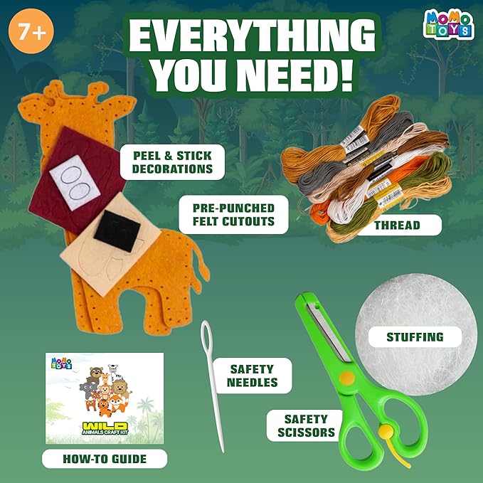 MOMOTOYS Wild Animals Beginner Sewing Kit for Kids Ages 7+ – Includes 9 Kids Sewing Projects with Tools & Art Supplies – DIY Felt Crafts for Girls & Boys – Gifts for 7, 8, 9, 10, 11, 12 Year Old