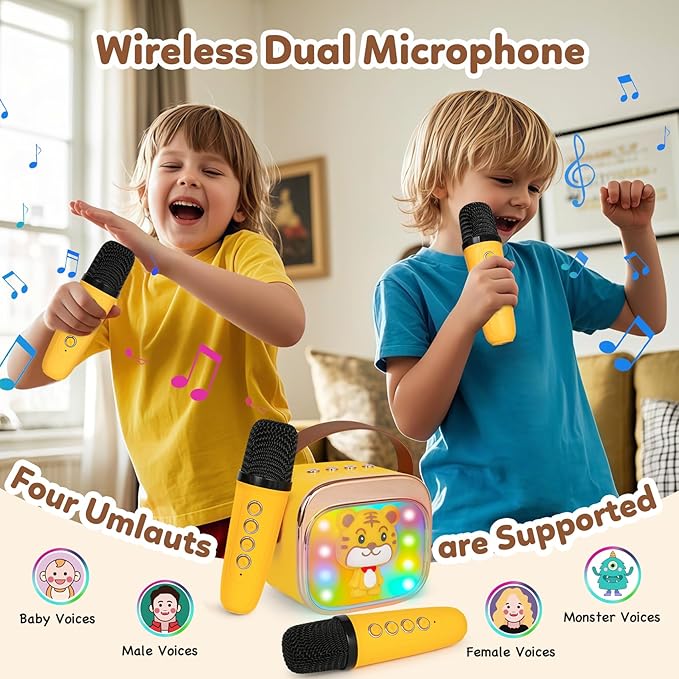 Karaoke Machine for Kids, Portable Mini Karaoke Machine with 2 Wireless Microphones, 4 5 6 7 8 9 10 Years Old Girl Boy Easter Christmas Birthday Gift Tiger Speaker Toys