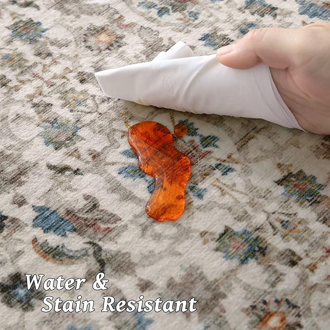 Washable 5x7 Area Rugs for Living Room, Boho Non-Slip Silicone Backing Rugs for Bedroom Dining Room Nursery Office, 0.3" Neutral Oriental Throw Carpet with 0.16" Cushioning Pad, Cream/Multi