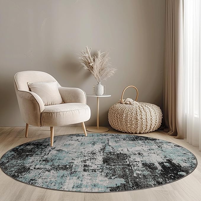 Washable Area Rugs 8ft Non-Slip Modern Abstract Soft for Living Room Entryway Bedroom Nursery, Print Pattern, Blue Black Teal