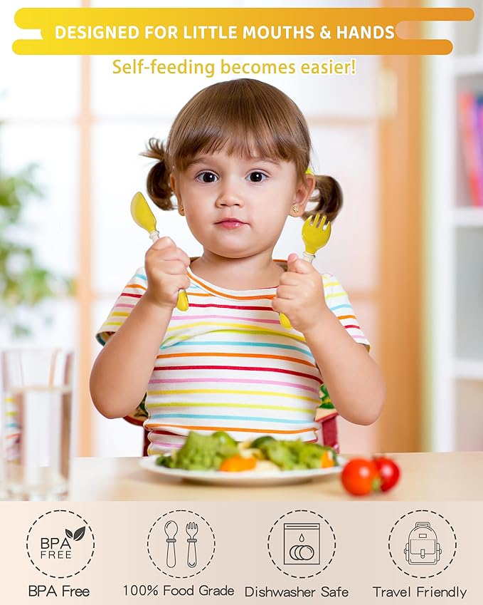 Deejoy Toddler Utensils, Self-feeding Flatware Set withTravel Case, Baby Spoons and Forks with Silicone Bendable Handle, Easy Grip Heat-Resistant, Ideal for Kids, Stage 2 (Yellow)