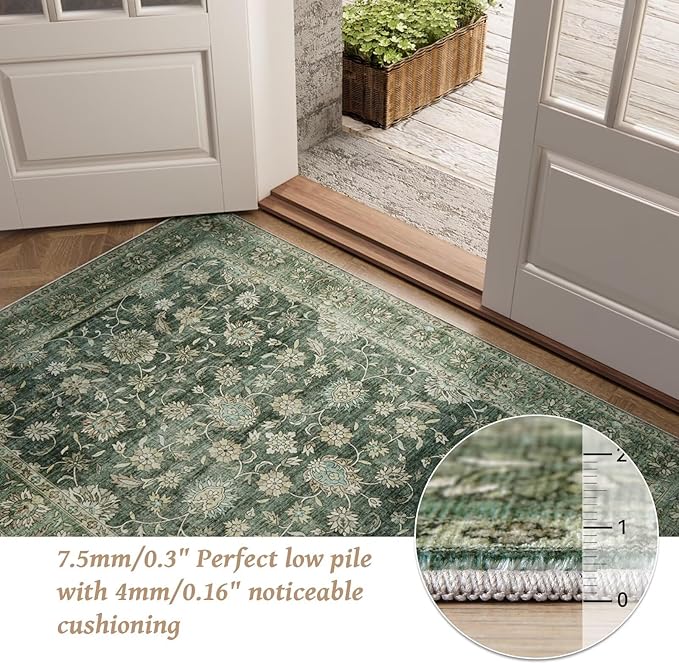 Washable 9x12 Area Rugs for Living Room, Boho Non-Slip Silicone Backing Rugs for Bedroom Dining Room Nursery Office, 0.3" Neutral Oriental Throw Carpet with 0.16" Cushioning Pad, Sage Green/Multi