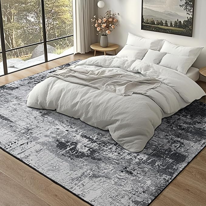 Area Rug Living Room Rug, 5x7 Modern Abstract Washable Rug Black Non Slip Foldable Faux Wool Vintage Carpet, Fluffy Non-Shedding Rugs for Living Room, Bedroom, Dining Room, Kids Playroom