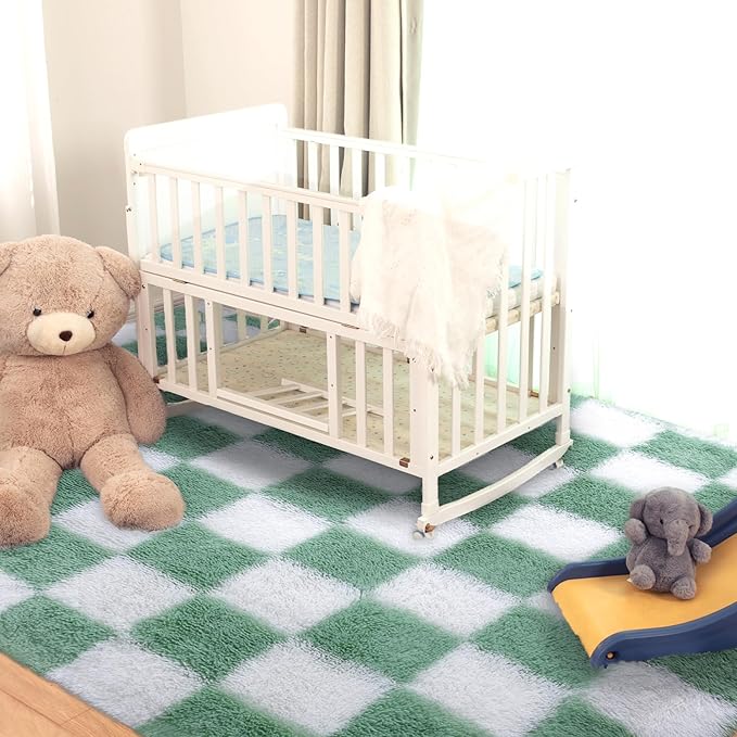 Super Soft Rug for Bedroom, 8x10 ft Sage Green and White Area Rug Classic Checkered Shaggy Anti-Skid High Pile Soft Fluffy Rug Fuzzy Carpet for Living Room Bedroom Kids Room Nursery, Dorm